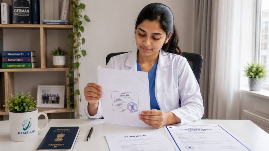Indian nurse holding apostilled nursing certificate with MEA seal stamp visible on document