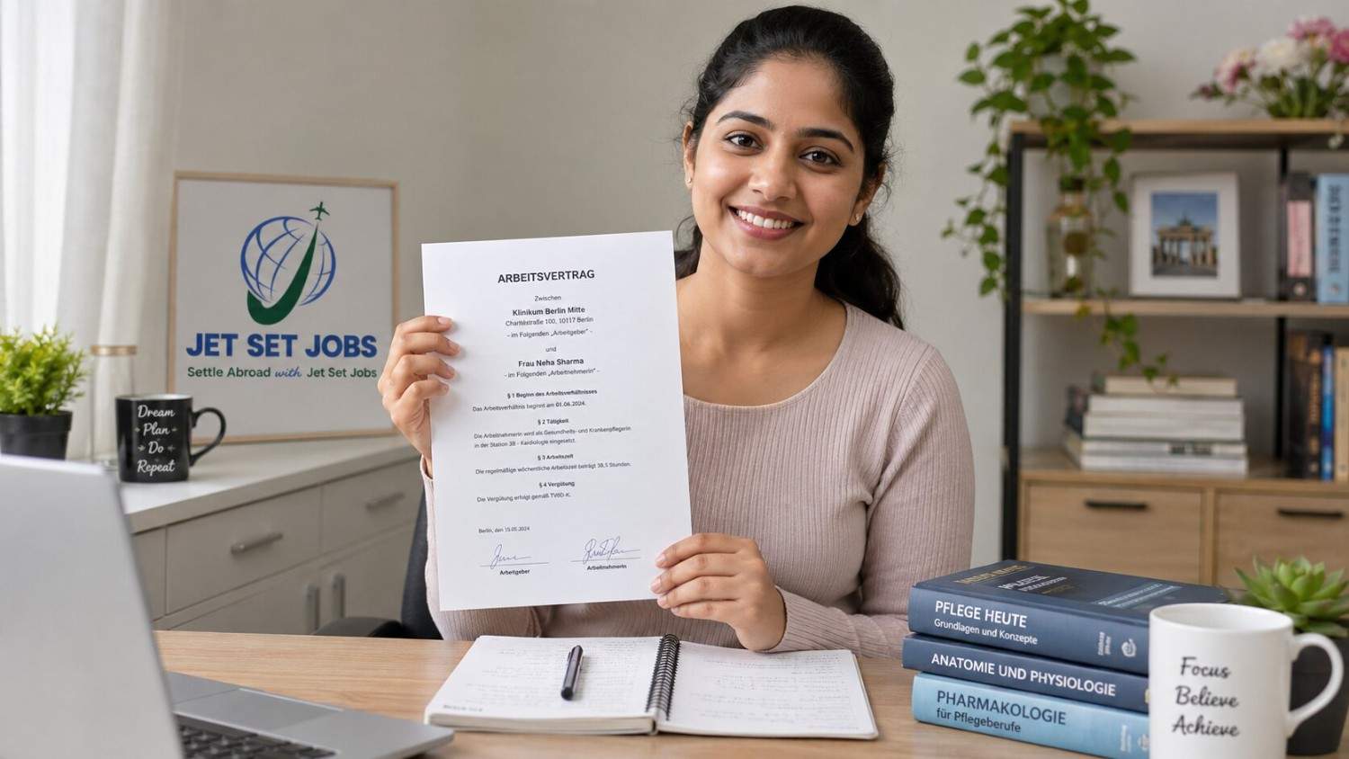 Indian nurse in Germany holding a signed employment contract document with a confident and relieved expression