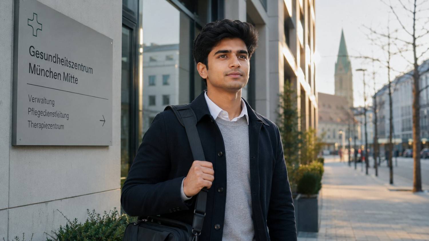 Young Indian professional who completed Ausbildung in Germany standing confidently outside a German workplace