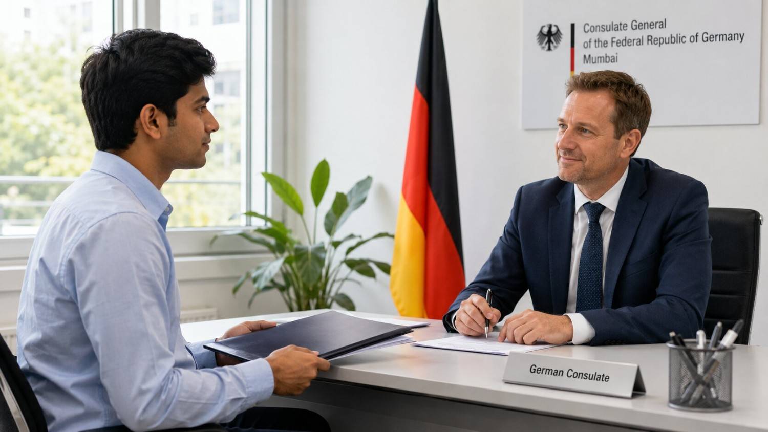 Young Indian Ausbildung candidate sitting confidently in a German consulate visa interview in India