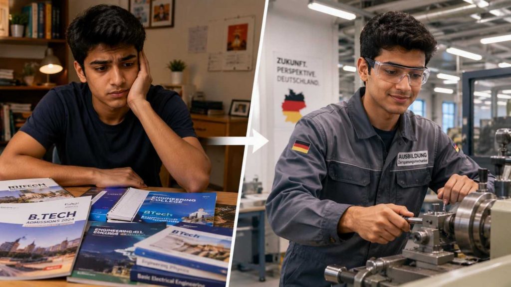 Indian PCM student at home after Class 12 results comparing BTech college brochure with Germany Ausbildung information