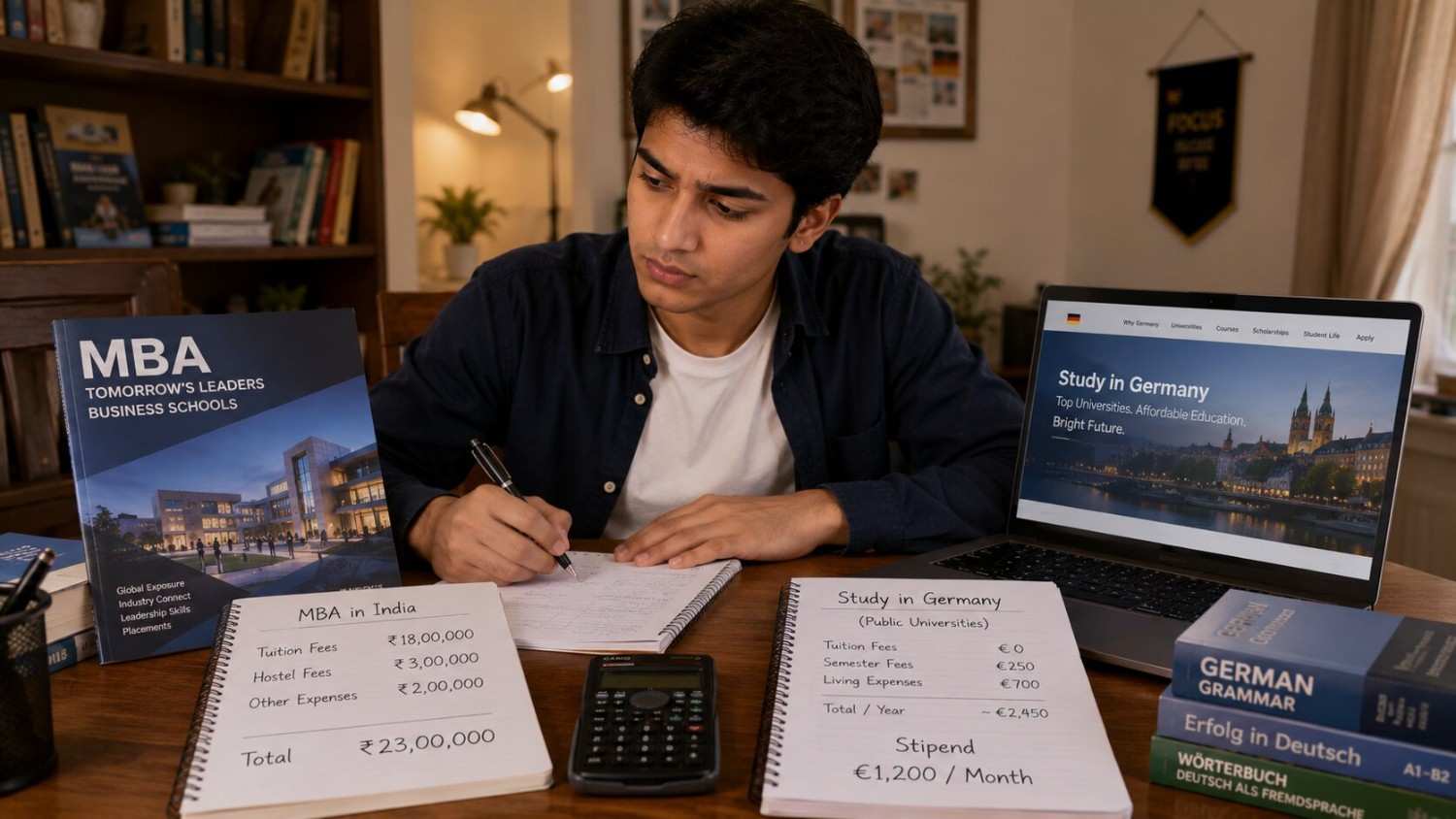 Young Indian student comparing MBA prospectus and Germany Ausbildung information at a study desk