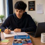 Young Indian student aged 20-21 sitting confidently at a study desk, looking forward with clarity and purpose - ready to start a new chapter