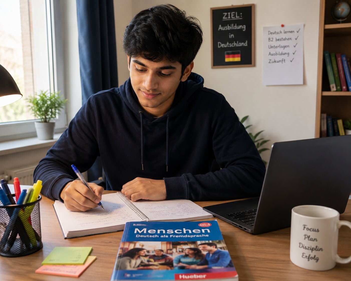 Young Indian student aged 20-21 sitting confidently at a study desk, looking forward with clarity and purpose - ready to start a new chapter