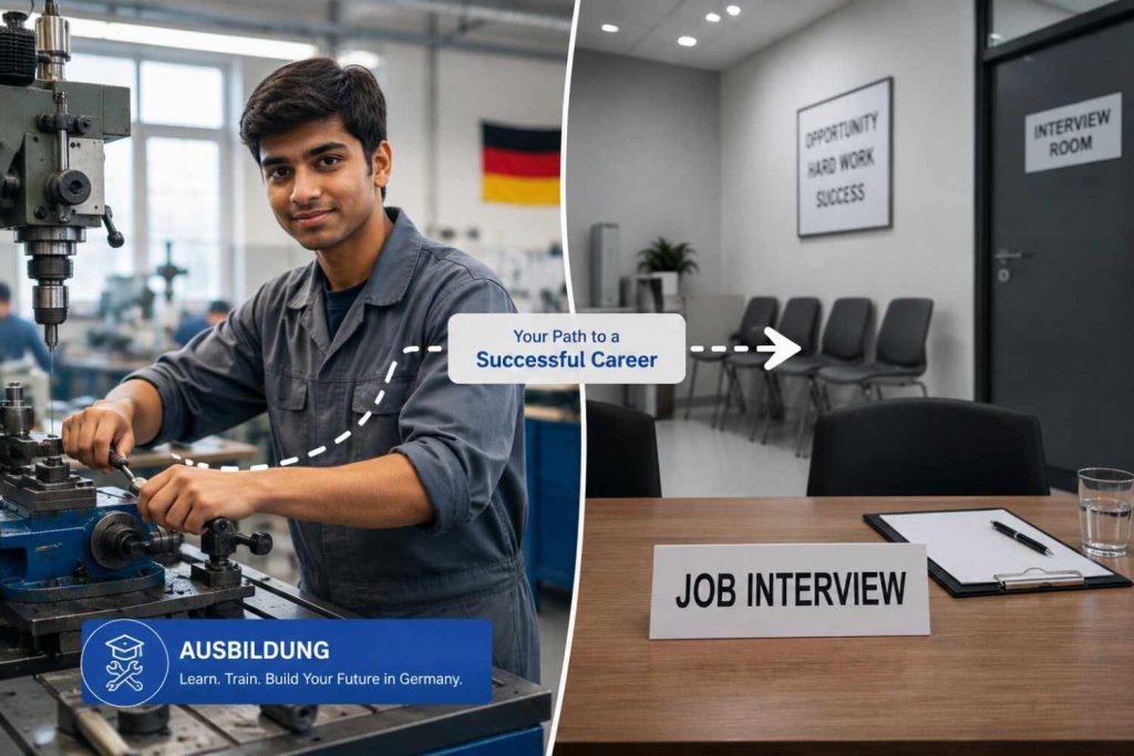 Young Indian student in a German vocational training workshop, comparing two career paths