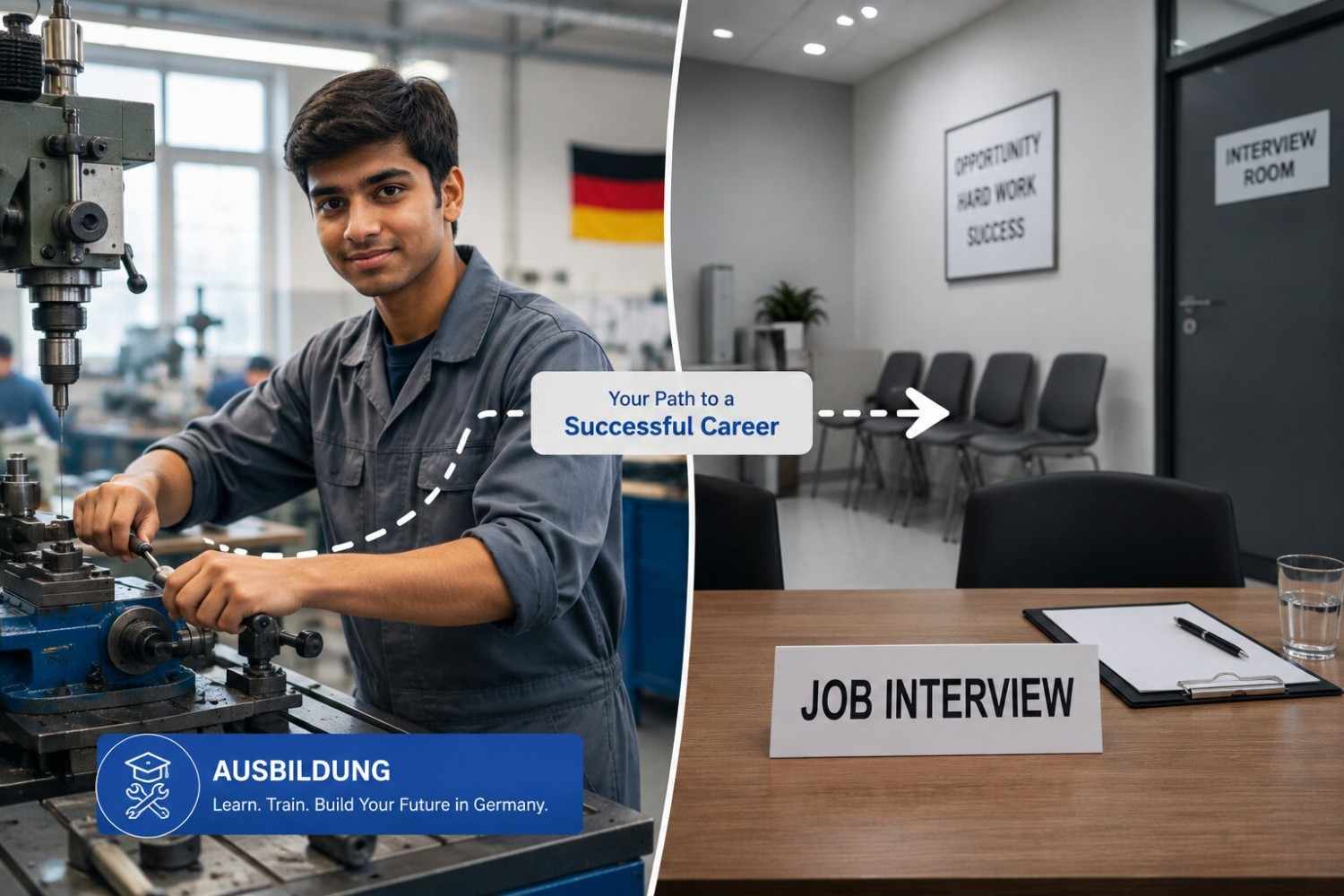 Young Indian student in a German vocational training workshop comparing two career paths to Germany