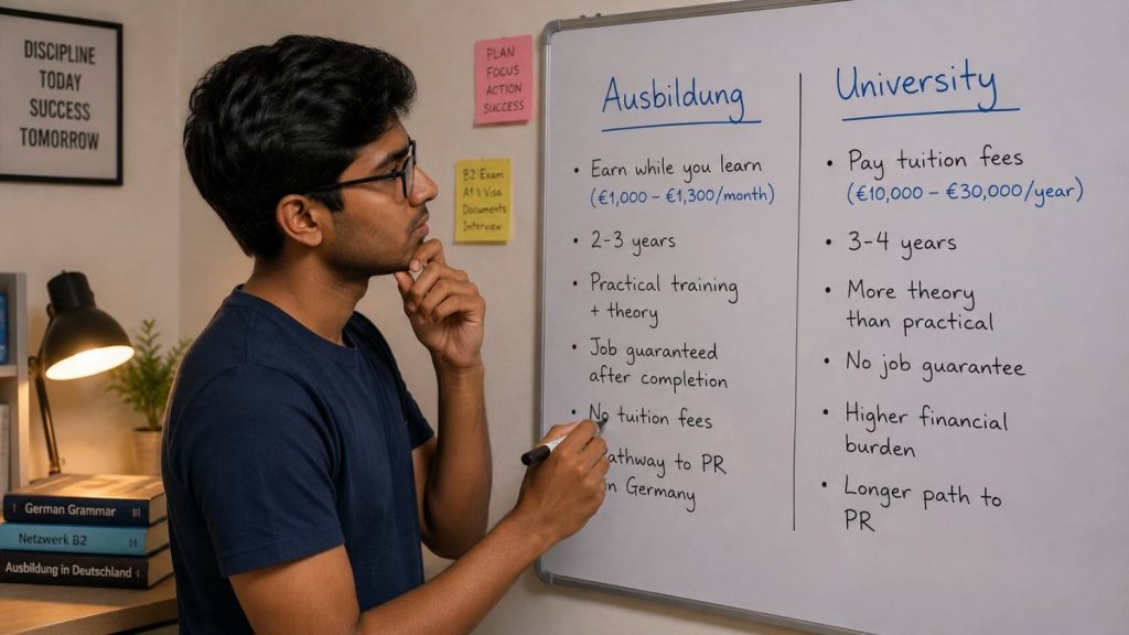 Indian student comparing two paths on a whiteboard - Ausbildung vs university study in Germany