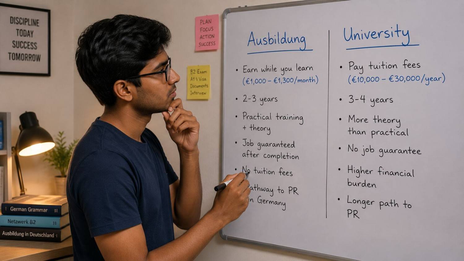 Indian student comparing two paths on a whiteboard - Ausbildung vs university study in Germany