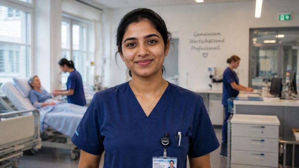 Indian nurse working confidently on a German hospital ward feeling secure in her role