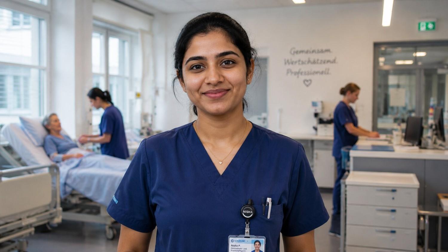 Indian nurse working confidently on a German hospital ward feeling secure in her role