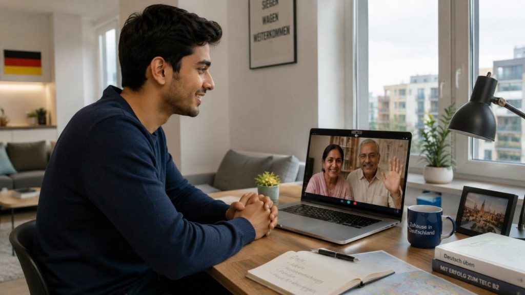 Young Indian professional in Germany video calling his parents in India, representing family reunion planning