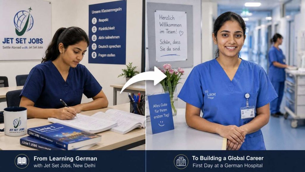 Indian nurse discussing her career path and specialisation options with a German ward manager