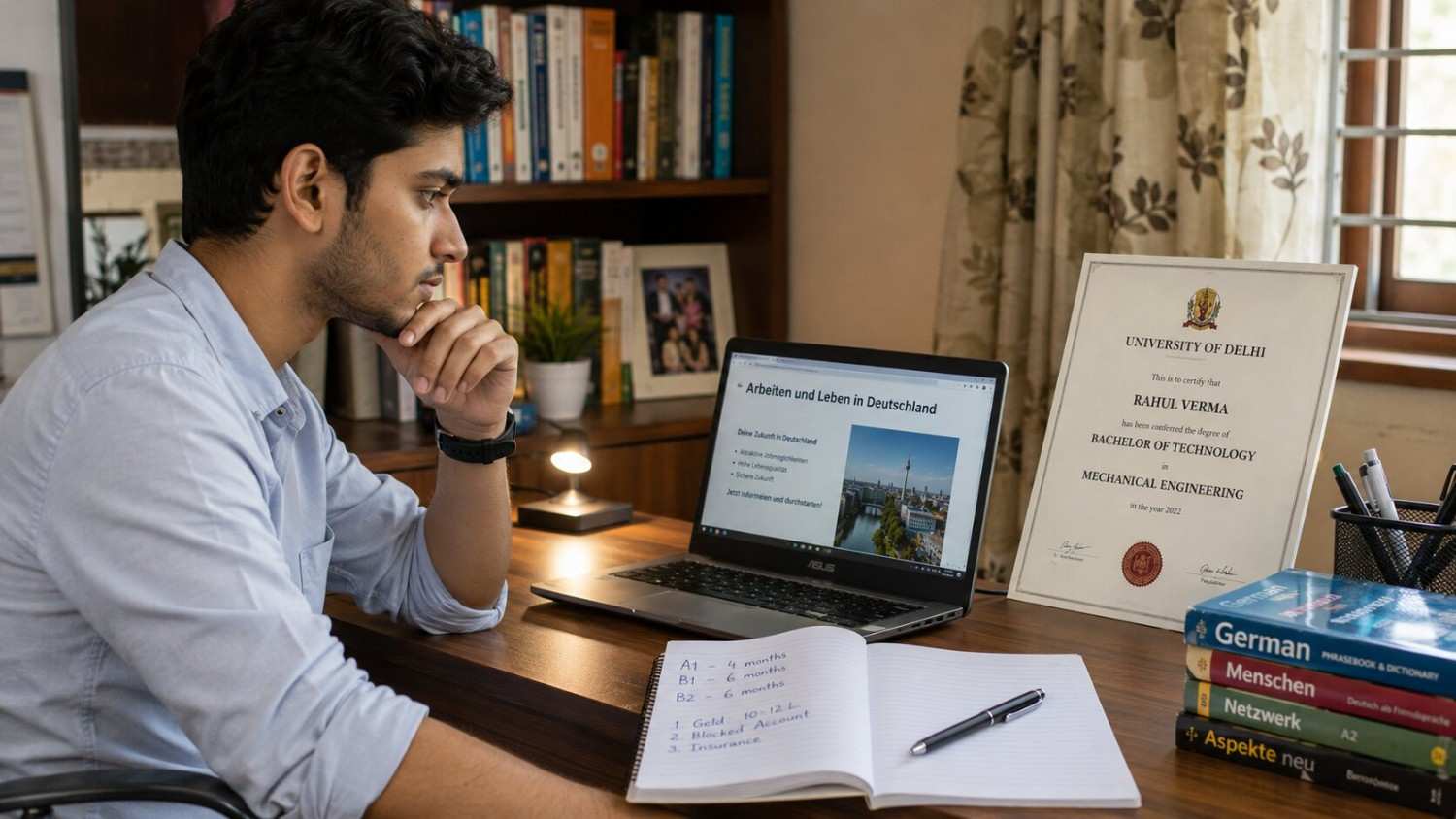 Indian BCom BA graduate sitting at home desk researching Ausbildung Germany options after completing degree