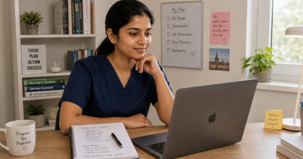 Indian nurse on a video call interview with a German hospital, with multiple interview schedules visible on a planner beside her