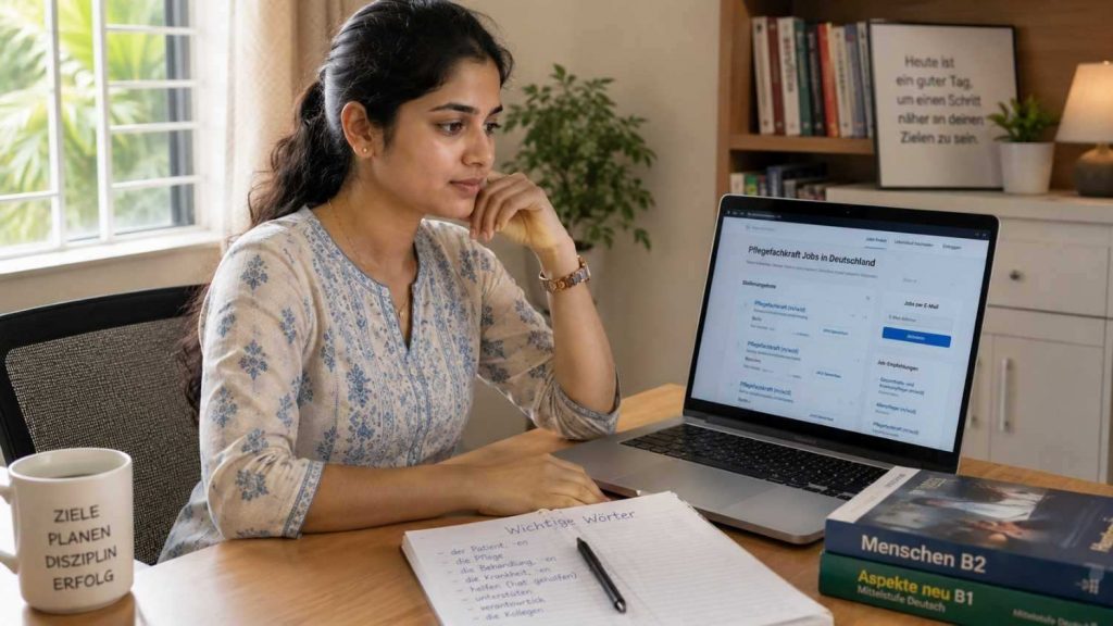 Indian nurse sitting at a desk looking thoughtfully at a laptop screen with German job listings visible