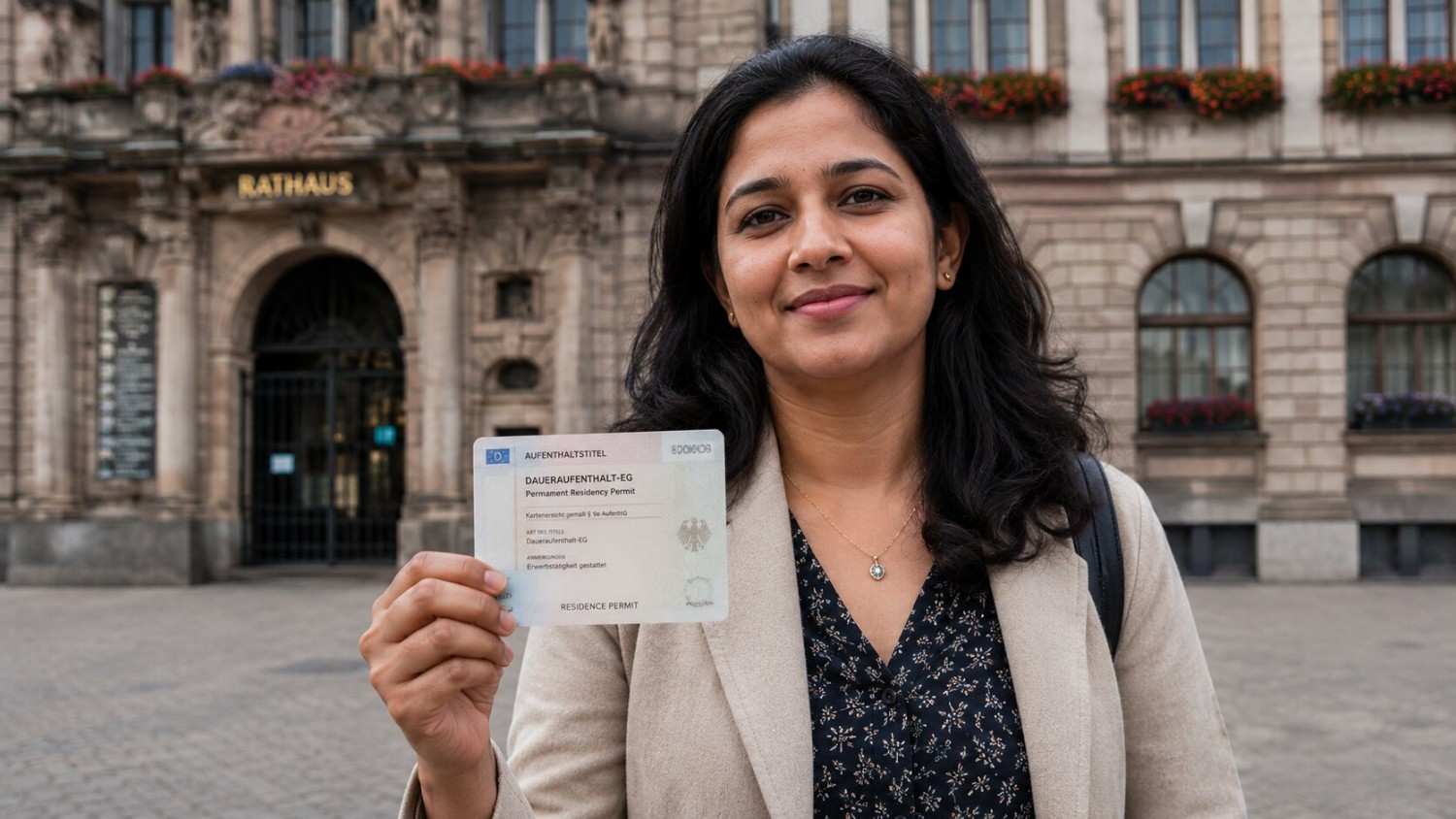 Indian nurse holding a German permanent residency document with a relieved and proud expression, standing in front of a German city building