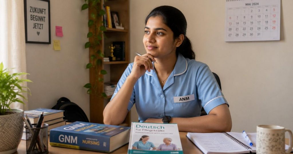 Indian male nurse in scrubs confidently reviewing documents at a desk with a Germany map and language book nearby