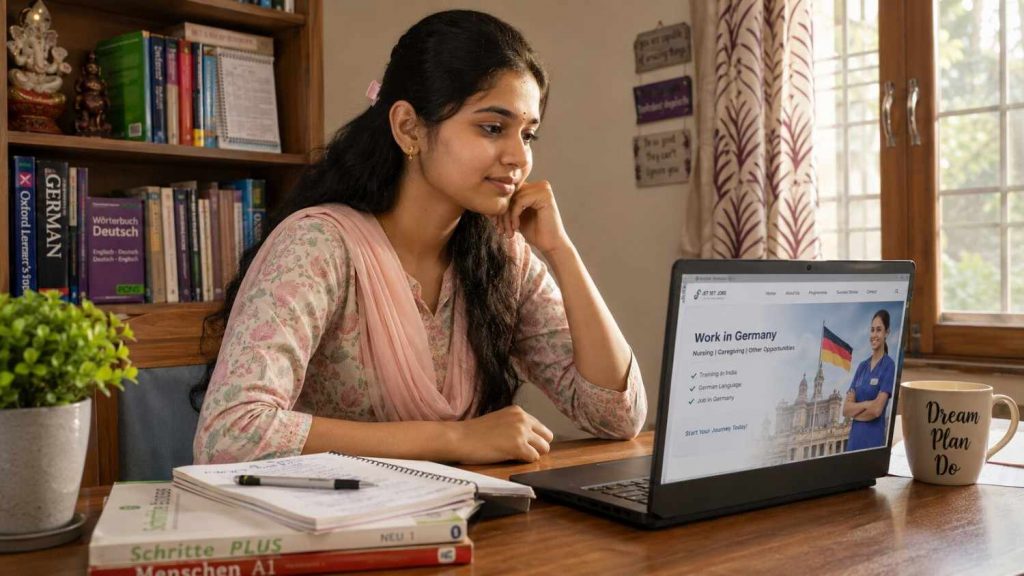 Indian commerce student researching Ausbildung Germany options on laptop at home in India