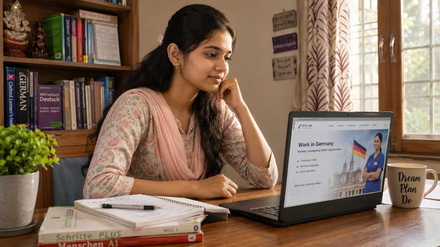 Indian commerce student researching Ausbildung Germany options on laptop at home in India
