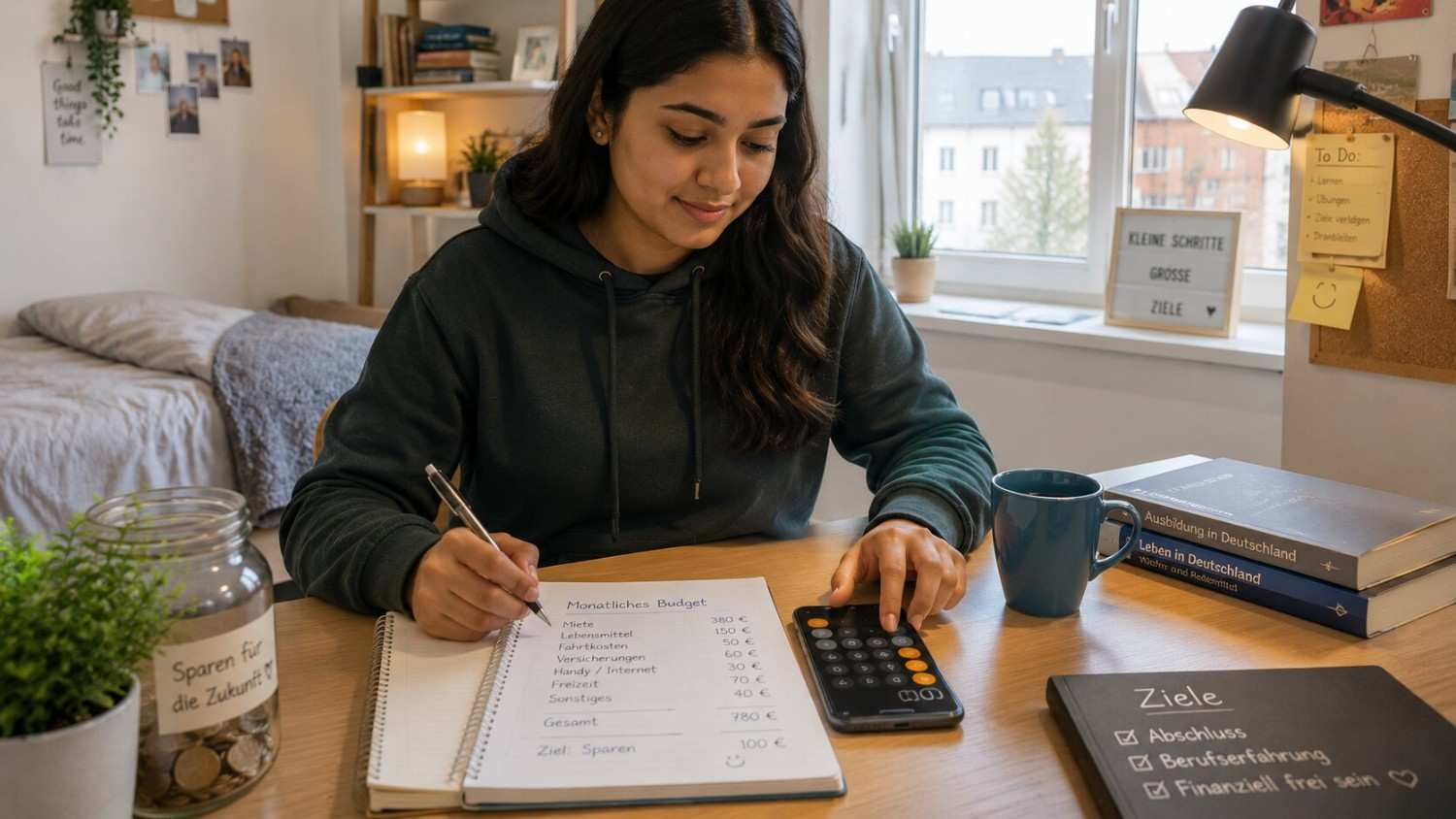 Indian Ausbildung trainee planning a monthly budget for living costs in Germany