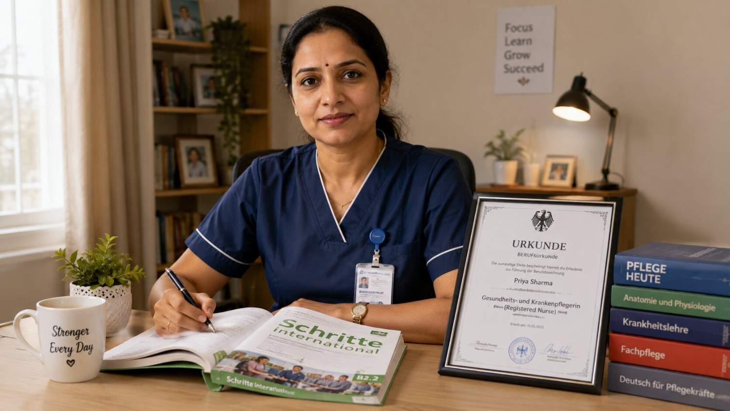 Indian woman nurse in her 40s in a professional uniform looking confidently at a German map and documents on her desk