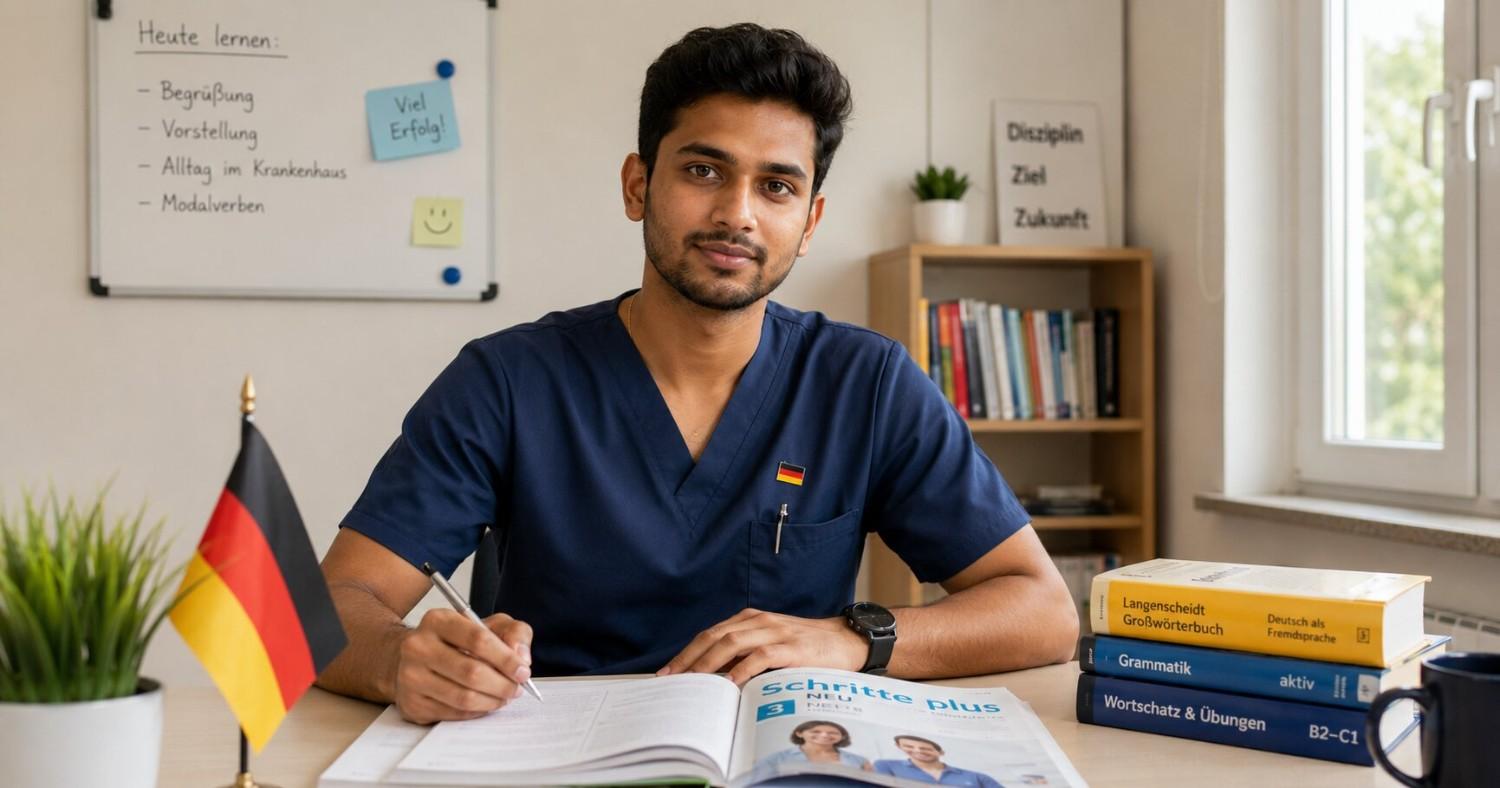 Indian ANM nurse in uniform reviewing eligibility documents at a desk with a German language book nearby