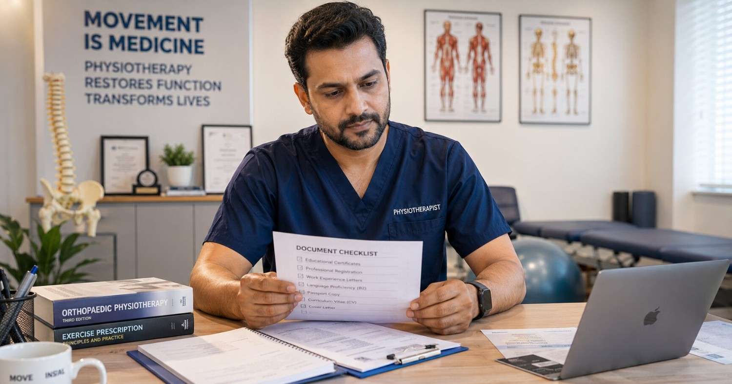 A confident Indian physiotherapist in their late 30s reviewing career options for Germany