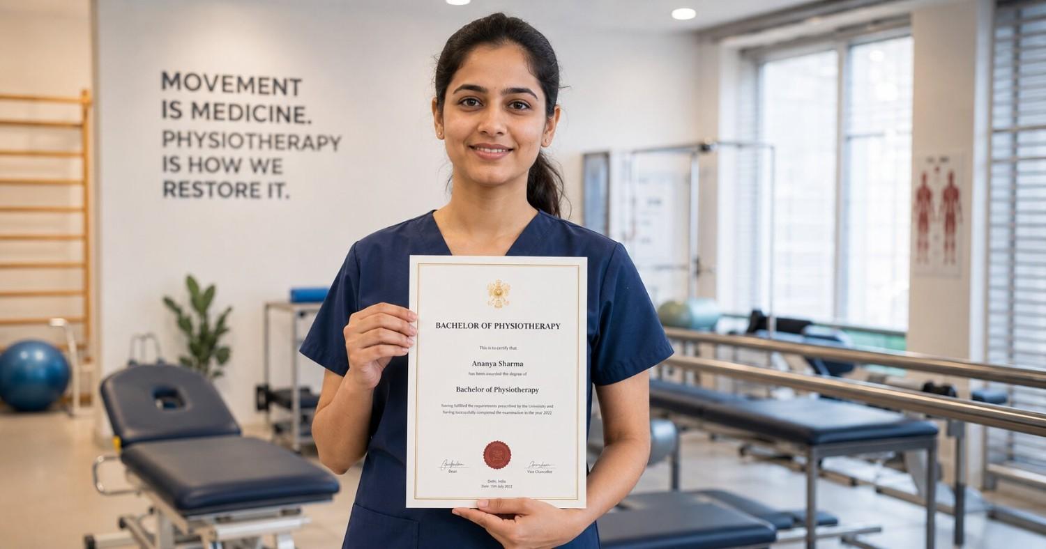 An Indian physiotherapist from a Delhi private college holding their degree certificate with confidence