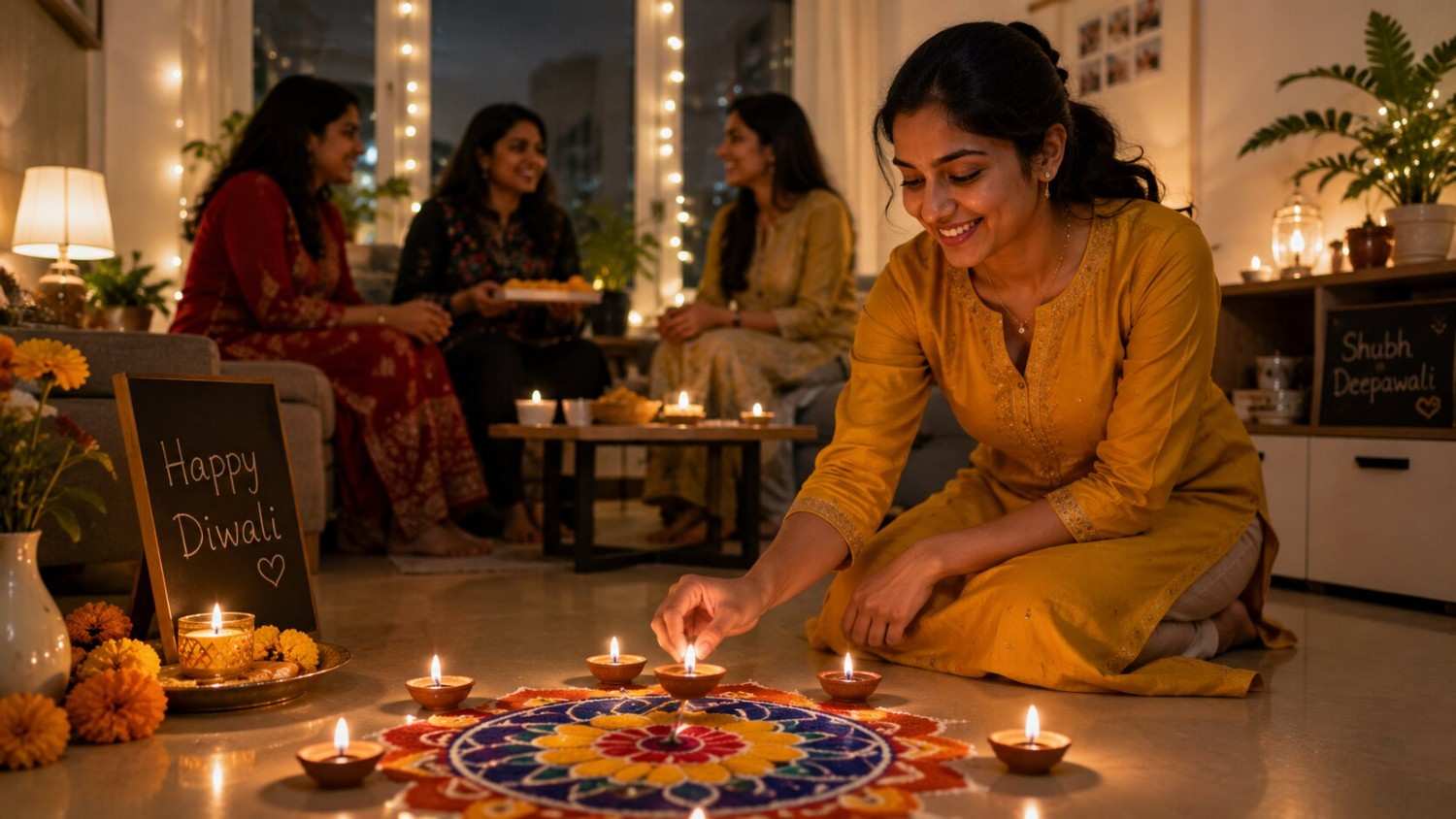 Indian nurse celebrating Diwali with diyas and friends in her home in Germany