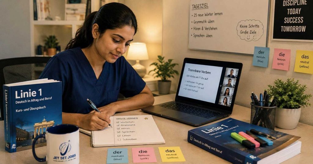 An Indian physiotherapist studying German carefully avoiding common learning mistakes
