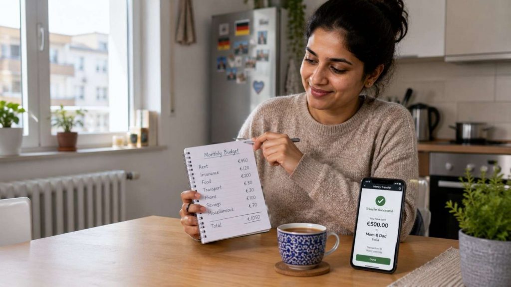 Indian nurse in Germany looking at a monthly budget notebook at a clean kitchen table in a German apartment