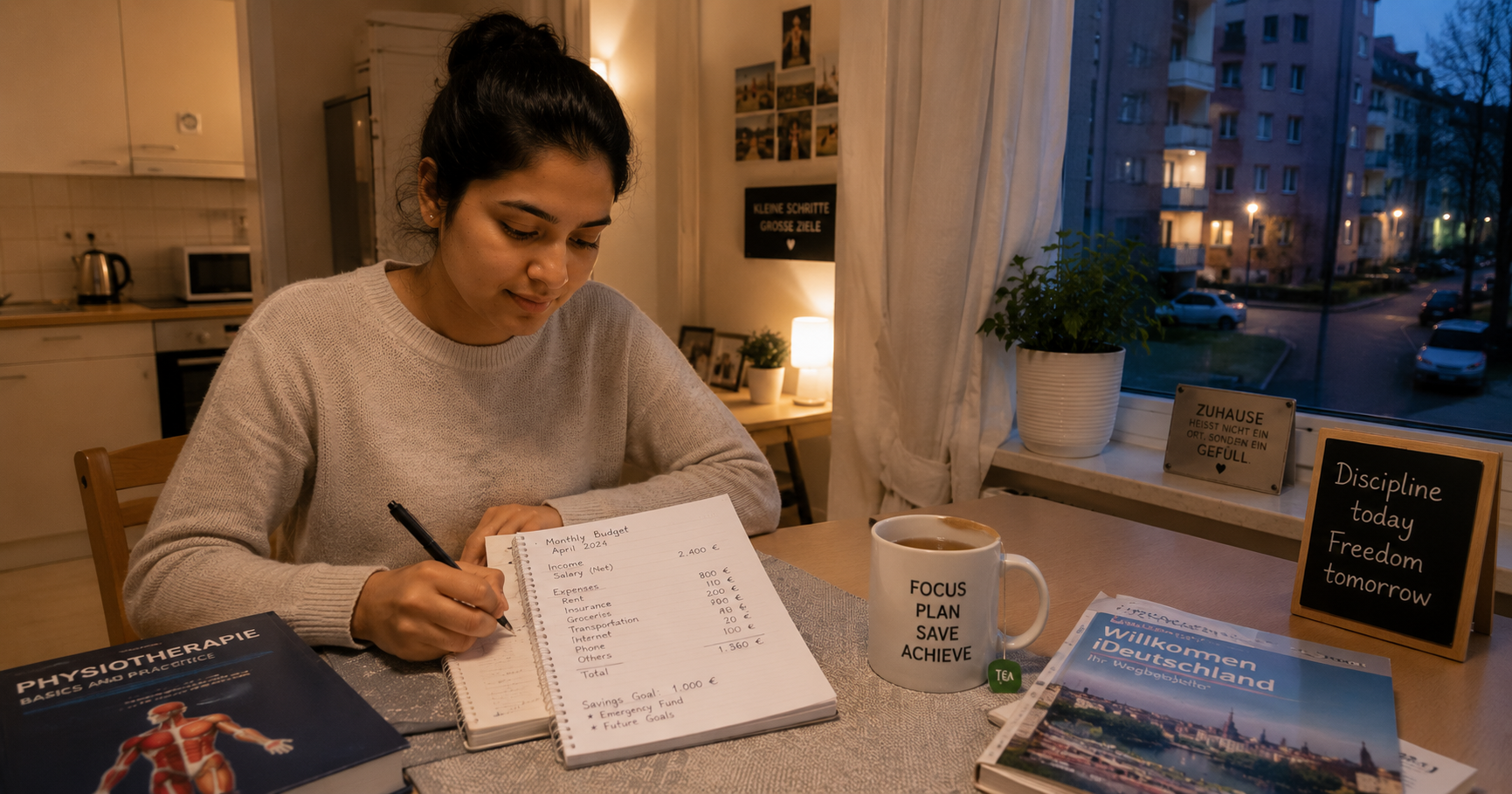 An Indian physiotherapist reviewing monthly budget and expenses in a German apartment