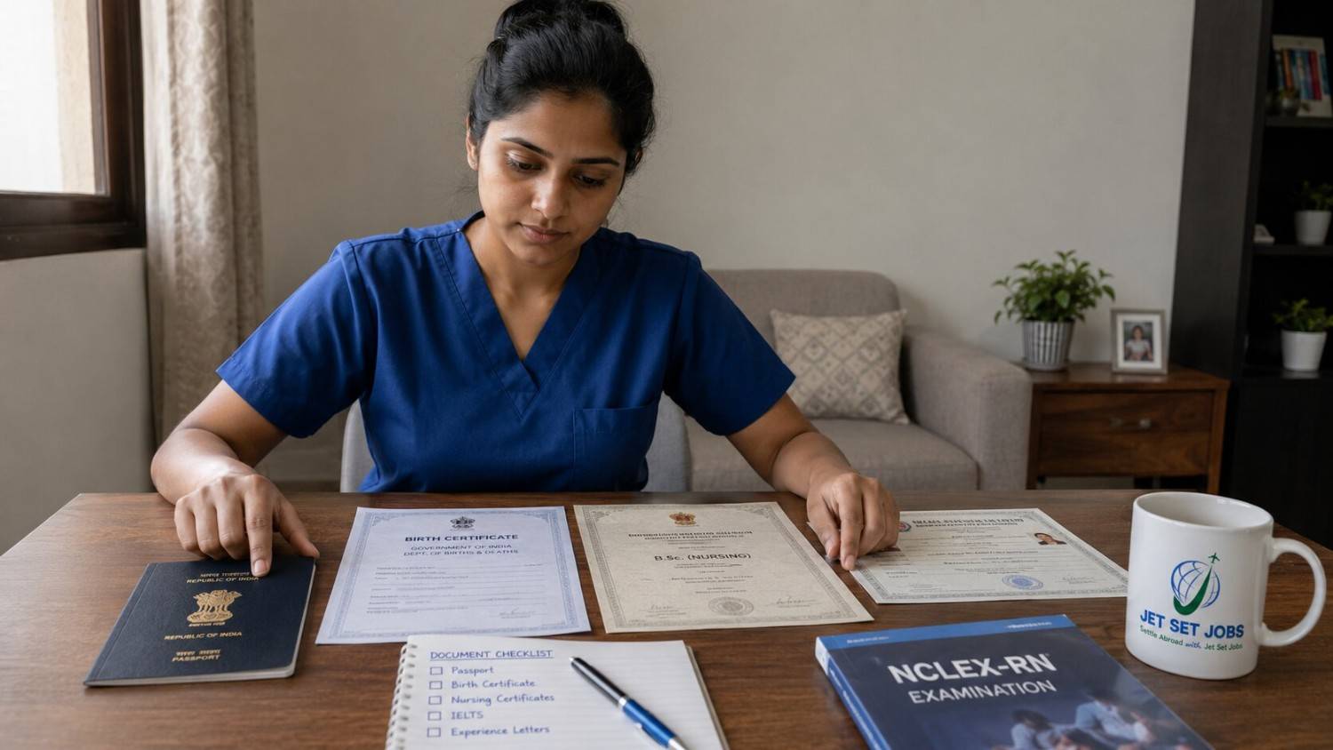 Indian nurse comparing her passport, birth certificate and certificates to check matching details