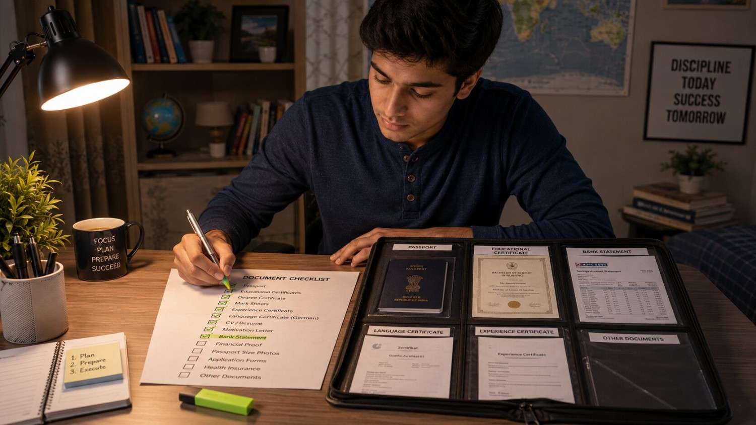 Indian student organising a complete set of documents for Ausbildung Germany application in a neat folder