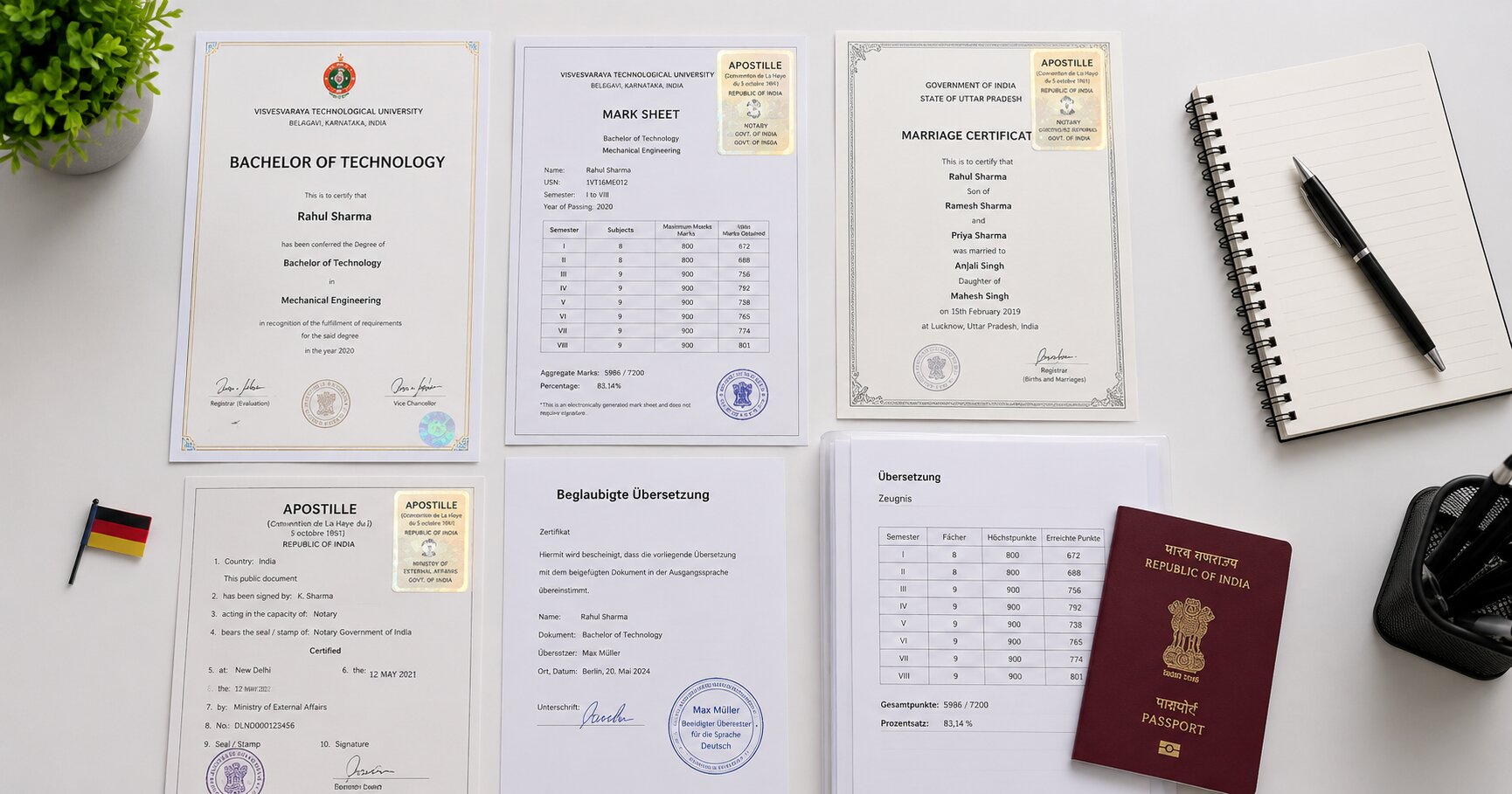 An organised set of apostilled and translated documents laid out on a desk for a Germany physiotherapy visa application