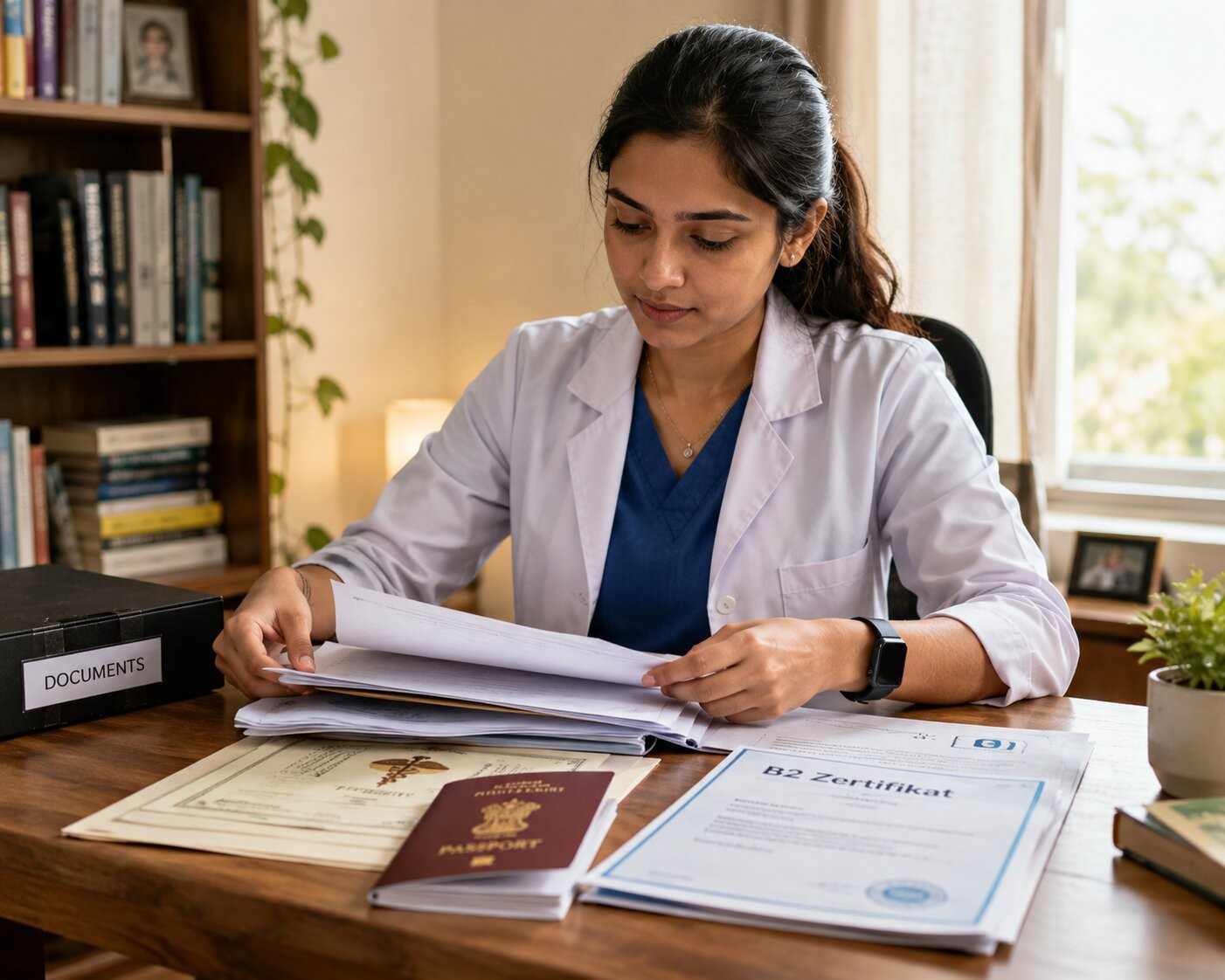 Indian nurse organising a set of official documents including nursing certificate, passport, and language test results on a desk
