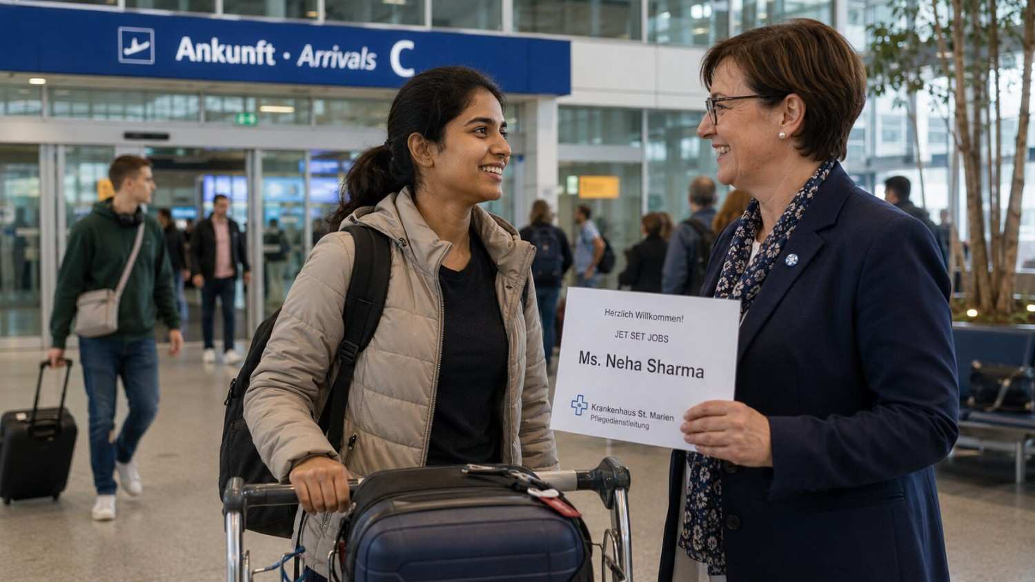 Indian nurse arriving at a German airport being welcomed by a hospital representative holding a sign