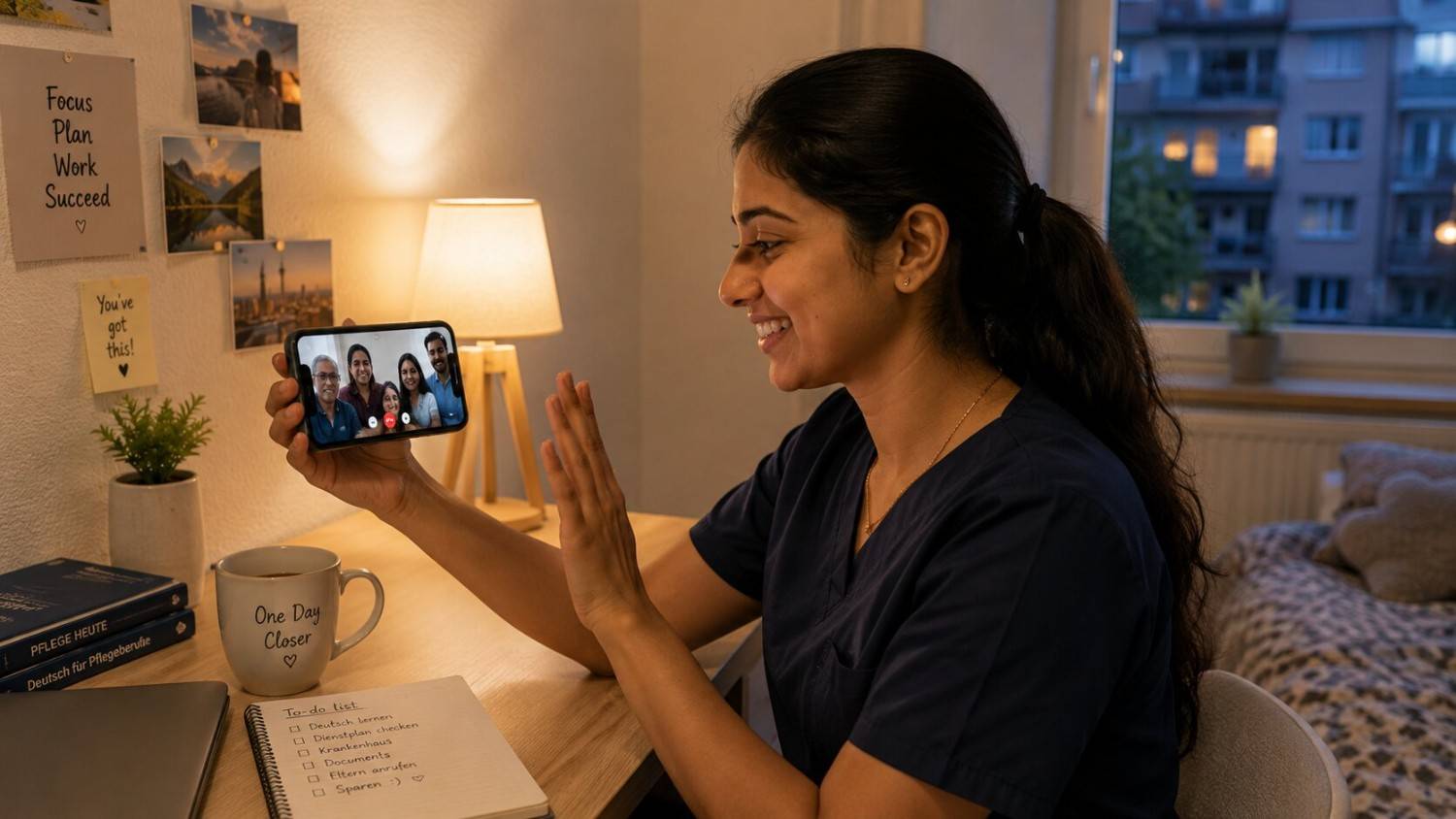 Indian nurse on a video call with family in India from her room in Germany