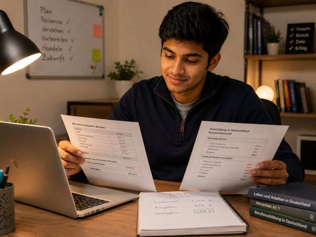Young Indian Ausbildung student reviewing financial documents at a desk, looking confident and informed