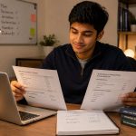 Young Indian Ausbildung student reviewing financial documents at a desk, looking confident and informed