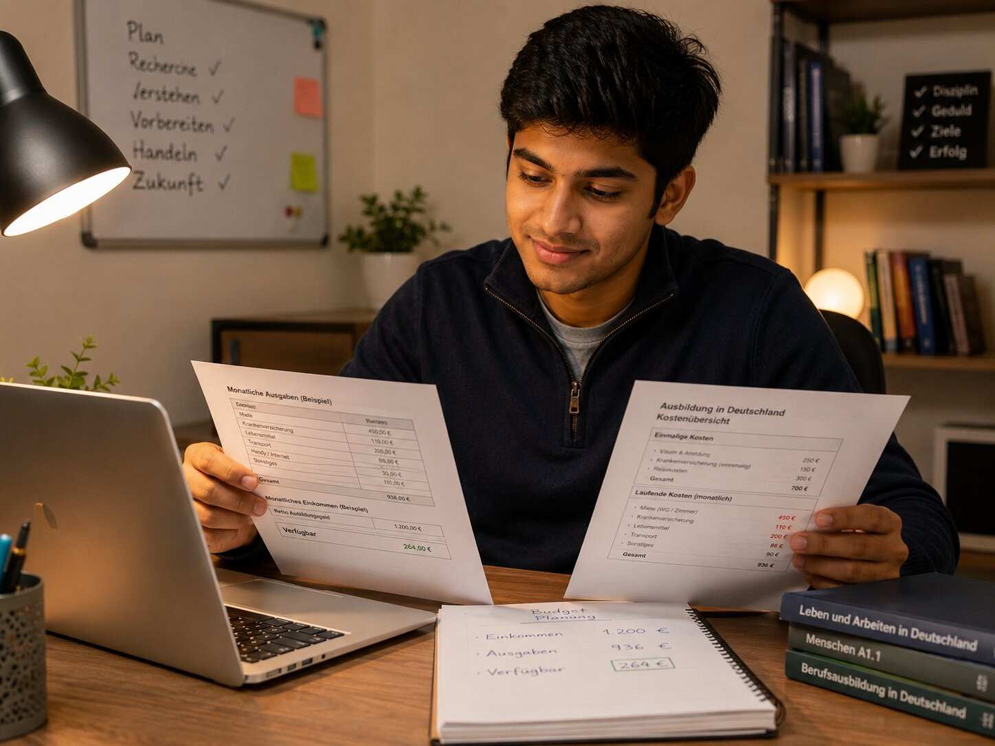 Young Indian Ausbildung student reviewing financial documents at a desk, looking confident and informed