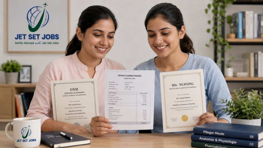 Two Indian nurses - one holding a GNM certificate and one a BSc degree - both looking at a German salary slip with equal expressions
