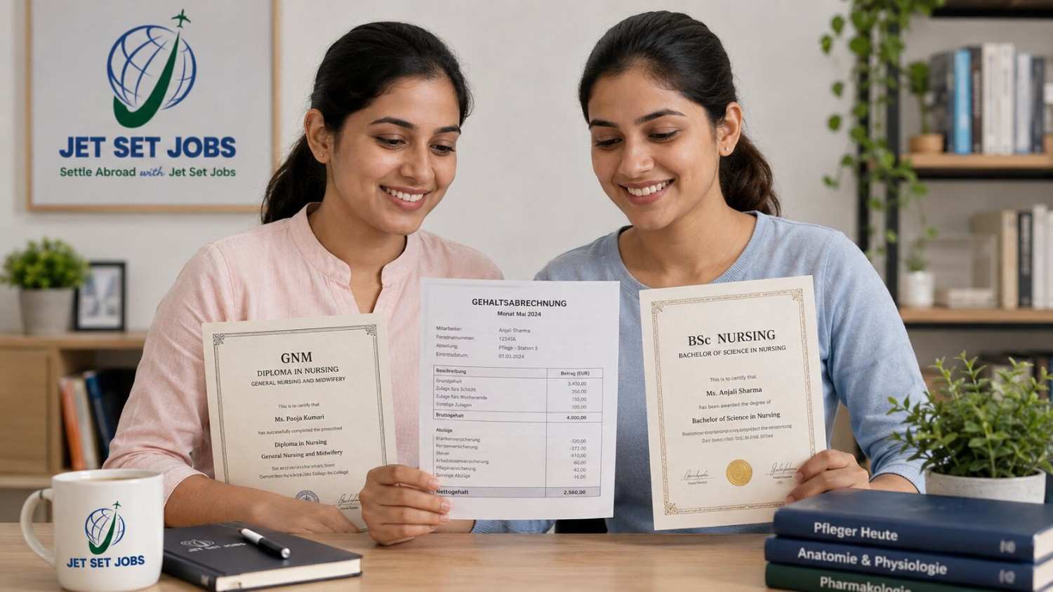 Two Indian nurses - one holding a GNM certificate and one a BSc degree - both looking at a German salary slip with equal expressions