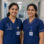 Two Indian nurses side by side, one in a BSc nursing uniform and one in a GNM uniform, both smiling professionally, hospital setting background