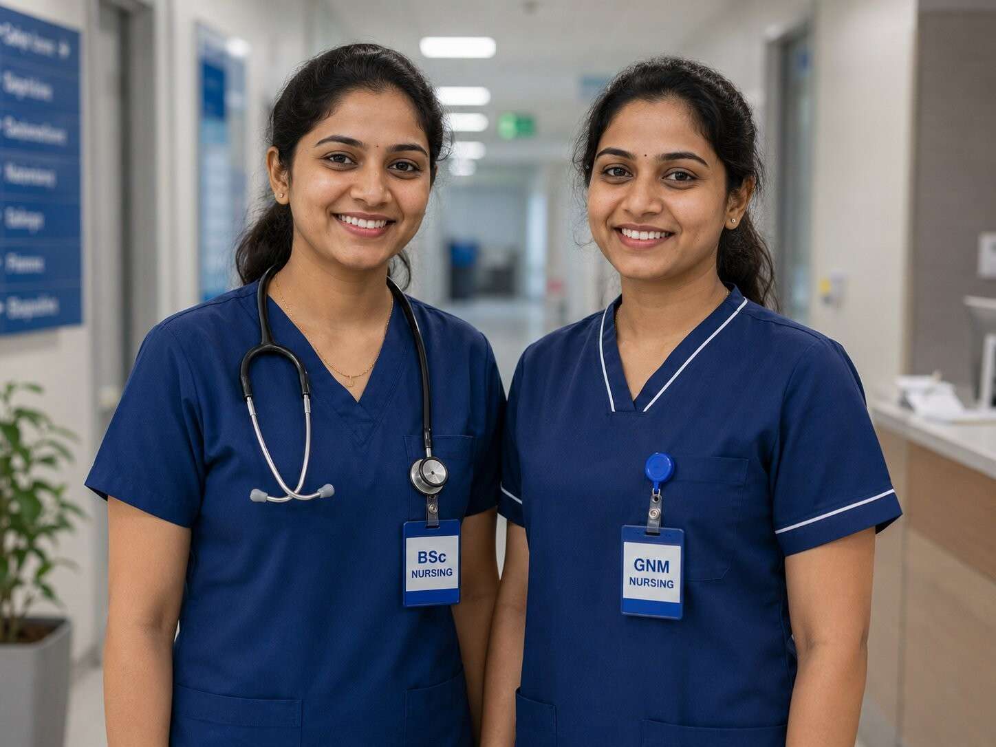 Two Indian nurses side by side, one in a BSc nursing uniform and one in a GNM uniform, both smiling professionally, hospital setting background