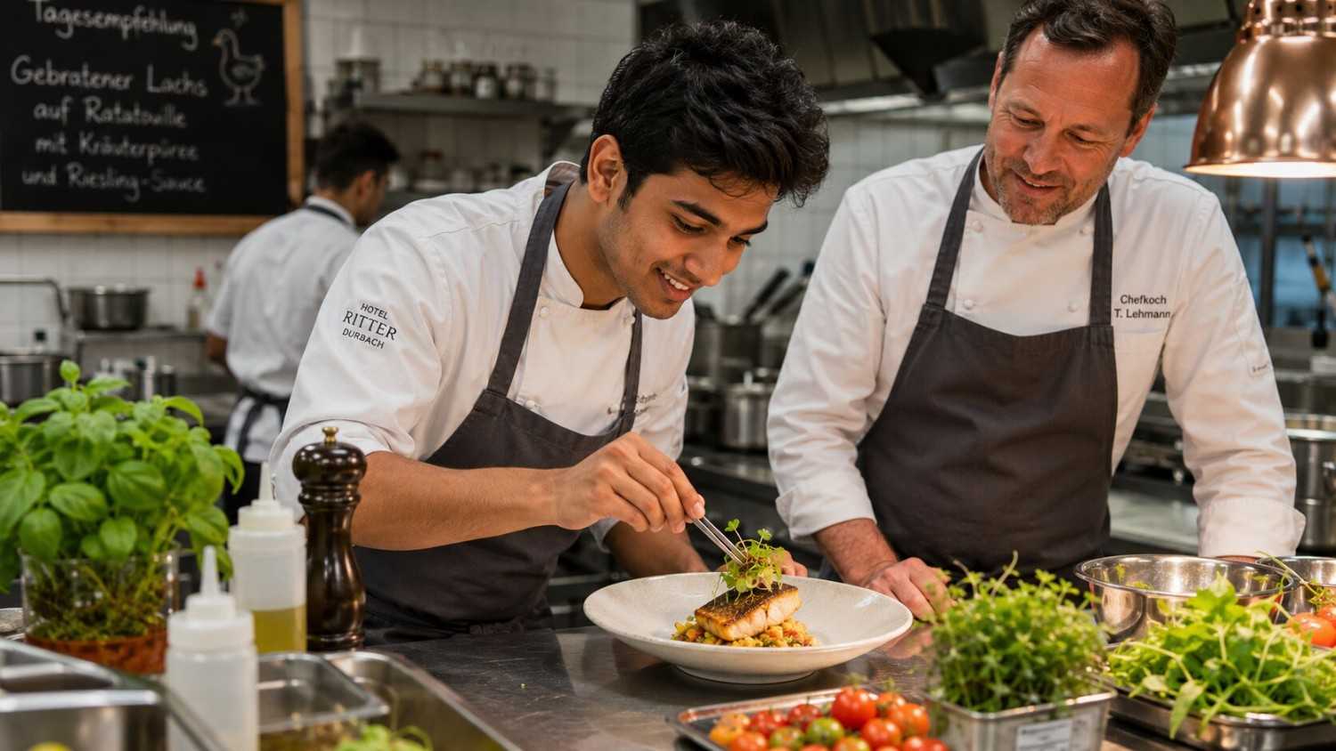 Indian gastronomy trainee working in a professional German kitchen