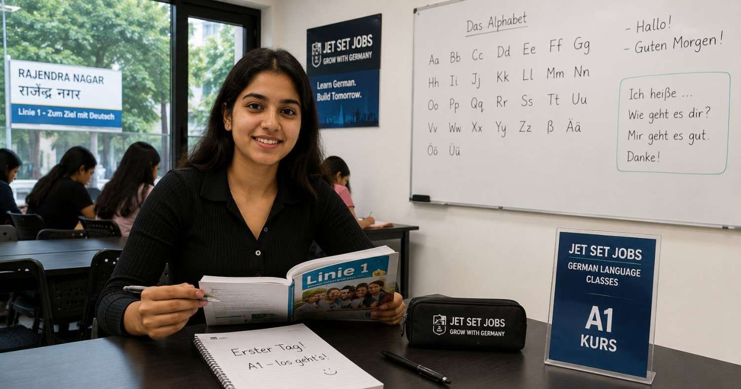 German A1 beginner course near Rajendra Nagar Delhi - Jet Set Jobs South Patel Nagar Linie 1 textbook