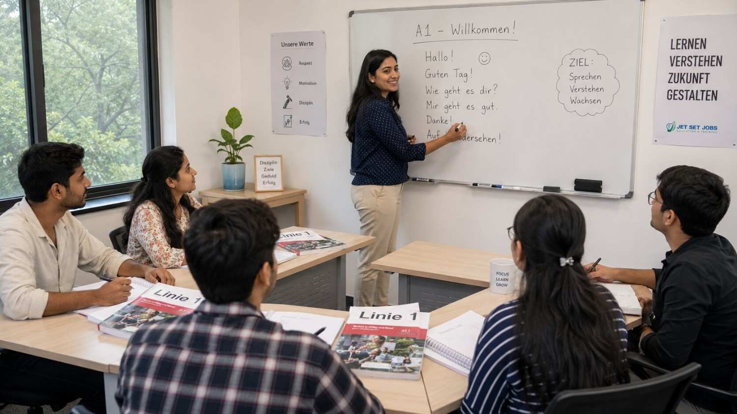 German A1 course at Jet Set Jobs South Patel Nagar centre — beginner students in class