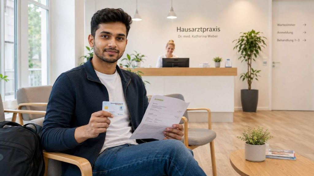 Young Indian Ausbildung trainee holding German health insurance card Krankenkasse