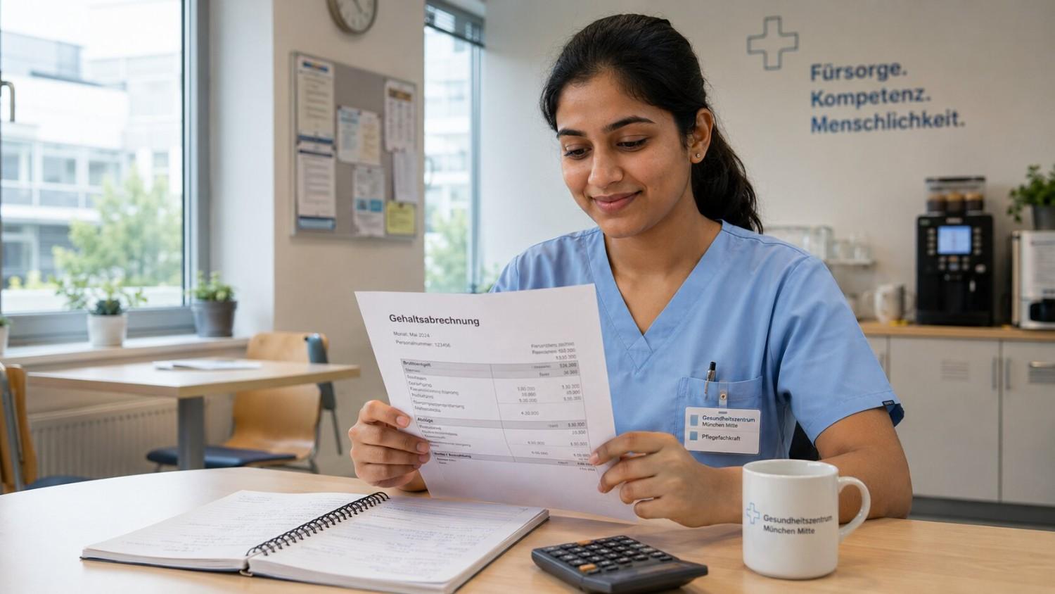 Indian nurse reviewing a German hospital salary slip showing bonus and shift allowances